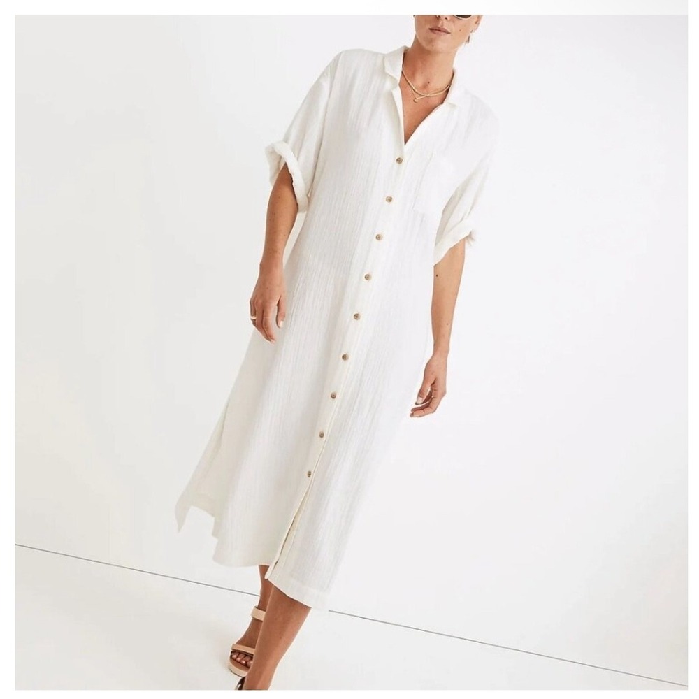 Madewell White Cotton Gauze Button Down Midi Dress Short Sleeve Coverup Medium